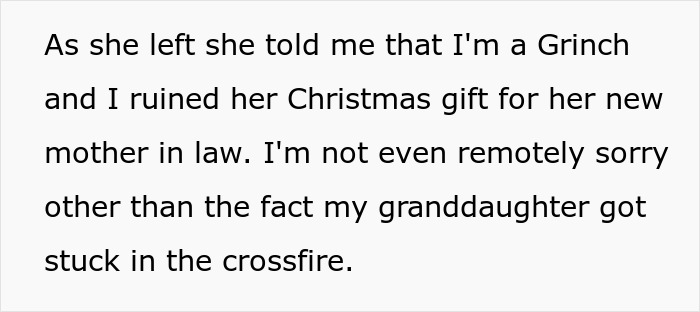 Text excerpt showing grandma&rsquo;s savage holiday clapback after the entitled ex-daughter-in-law calls her a Grinch.