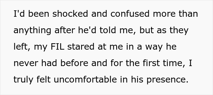Text describing a woman feeling shocked and lost after her FIL&rsquo;s unexpected love confession and his request for secrecy.