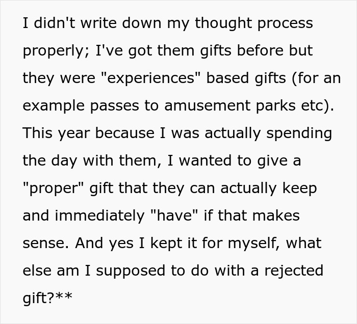 Text discussing experiences-based gifts and regrets over giving a proper gift amid 13YO hating dad's girlfriend situation. Text discussing experiences-based gifts and regrets over giving a proper gift amid 13YO hating dad's girlfriend situation.