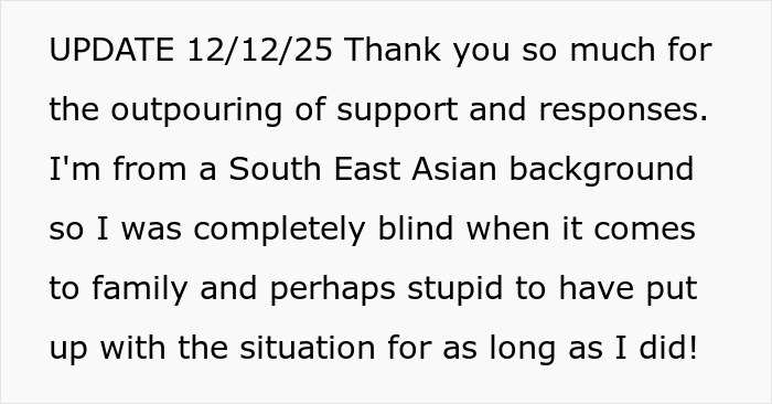 Screenshot of update thanking supporters about family struggles and South East Asian background, brother money wife family Screenshot of update thanking supporters about family struggles and South East Asian background, brother money wife family