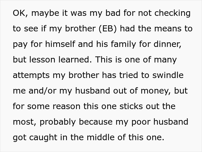 Text excerpt discussing a brother who tries to make brother-in-law pay for dinner, highlighting a financial dispute. Text excerpt discussing a brother who tries to make brother-in-law pay for dinner, highlighting a financial dispute.