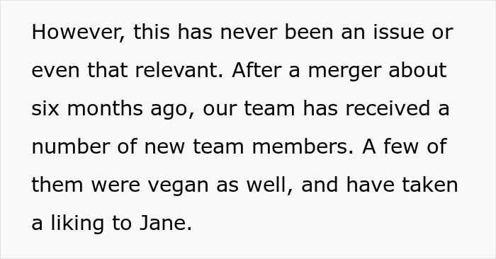 Text discussing new team members after a merger, including vegan employees and workplace dynamics around vegan-only club. Text discussing new team members after a merger, including vegan employees and workplace dynamics around vegan-only club.
