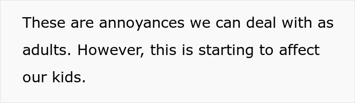 Text slide stating that annoyances can be dealt with as adults but are starting to affect kids, related to Grandma Christmas competition. Text slide stating that annoyances can be dealt with as adults but are starting to affect kids, related to Grandma Christmas competition.