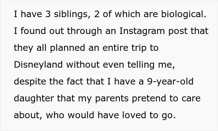 Text excerpt about a mom furious after dad and stepmom plan a Disney trip excluding her and her 9-year-old daughter.