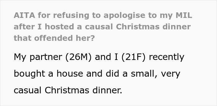 Text discussion about hosting a casual Christmas dinner that upset a toxic mother-in-law. Text discussion about hosting a casual Christmas dinner that upset a toxic mother-in-law.