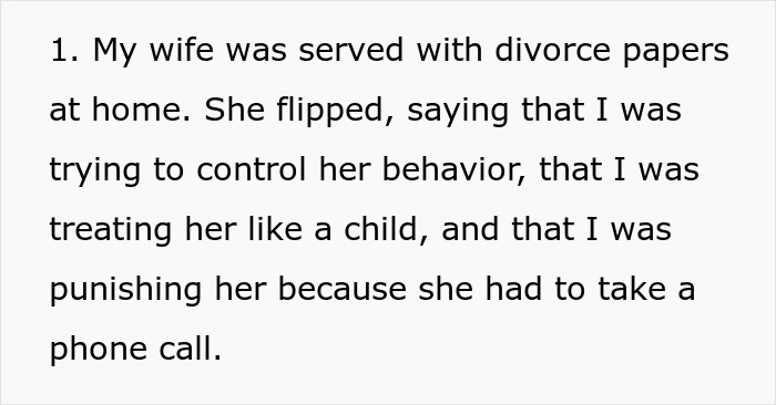 Text highlighting a wife’s negative reaction after being served divorce papers due to her phone dependence affecting family.