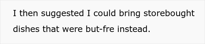 Text excerpt showing a suggestion to bring storebought but-fre dishes as no-vegan options for Christmas Eve dinner. Text excerpt showing a suggestion to bring storebought but-fre dishes as no-vegan options for Christmas Eve dinner.