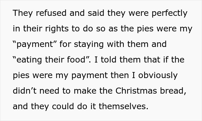 Text excerpt about relatives eating homemade pies without permission while the man refuses to make Christmas bread for them.