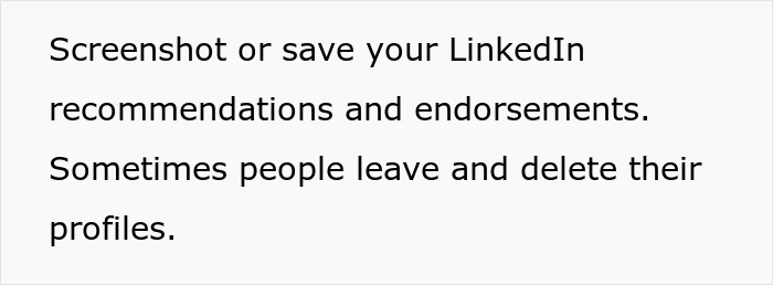 Screenshot advising to save LinkedIn recommendations as subtle red flags indicating job safety concerns. Screenshot advising to save LinkedIn recommendations as subtle red flags indicating job safety concerns.
