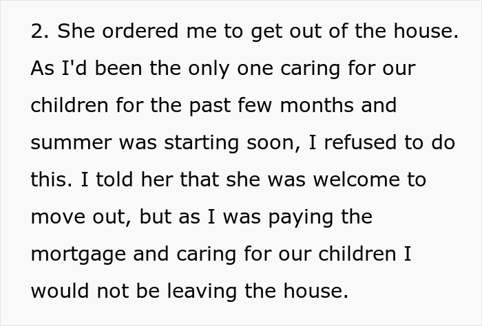 Text excerpt discussing a man refusing to leave the house amid family and mortgage responsibilities after a phone-related divorce conflict. Text excerpt discussing a man refusing to leave the house amid family and mortgage responsibilities after a phone-related divorce conflict.