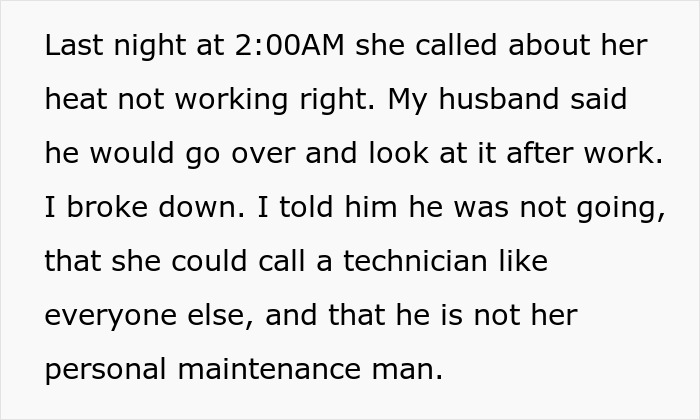 Text message about husband refusing to act as personal maintenance man, highlighting relationship conflict with work-wife.