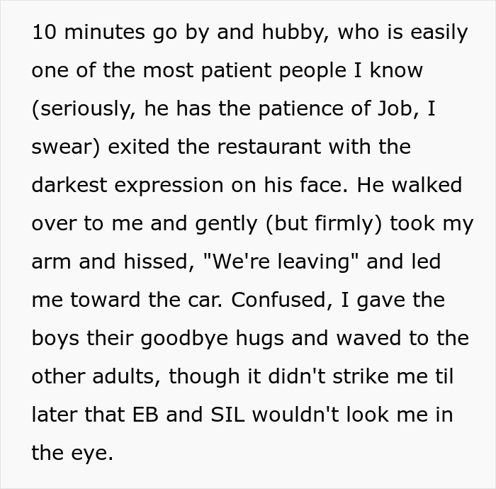 Text excerpt describing a husband’s reaction at a restaurant, illustrating tension when brother makes bil pay dinner.