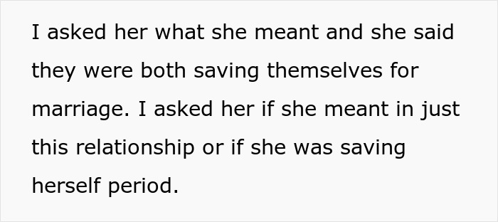Text describing a man lying about saving himself for marriage to please fiancée, forgetting her sister is his ex. Text describing a man lying about saving himself for marriage to please fiancée, forgetting her sister is his ex.