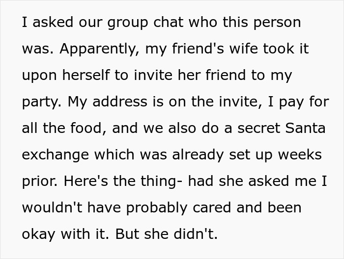 Text excerpt explaining conflict over friend&rsquo;s wife inviting random guests, leading to Christmas party cancellation.