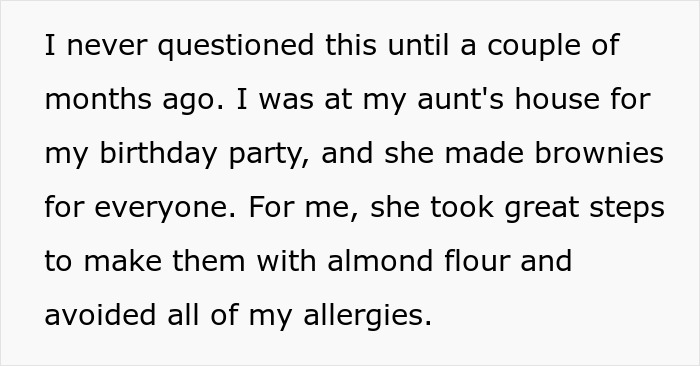 Text about a birthday party with brownies made using almond flour to avoid allergies, relating to parents lied about allergies. Text about a birthday party with brownies made using almond flour to avoid allergies, relating to parents lied about allergies.