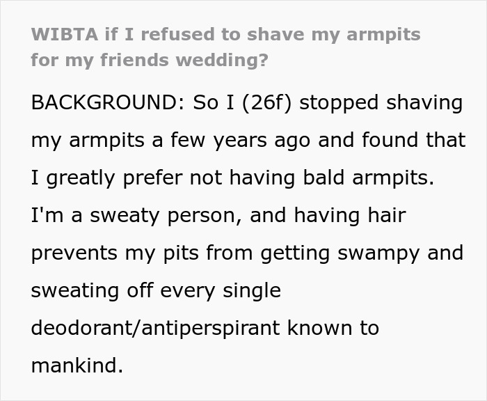 Woman explains why she stopped shaving armpits, causing discomfort for bride and groom at the wedding. Woman explains why she stopped shaving armpits, causing discomfort for bride and groom at the wedding.