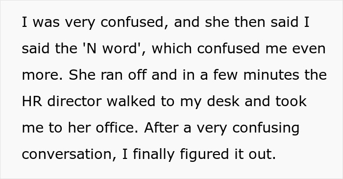 Text describing a workplace conflict where a black coworker is triggered after a man takes a call in Korean, leading to HR involvement.