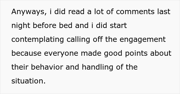 Text message discussing reading comments and contemplating calling off an engagement due to behavior and handling of the situation. Text message discussing reading comments and contemplating calling off an engagement due to behavior and handling of the situation.