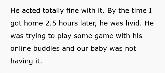 Text excerpt showing a husband playing games while the baby demands attention from the stay-at-home mom.