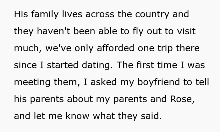 Text excerpt discussing a woman’s experience meeting her fiancé’s family and concerns about the engagement after a family lie.