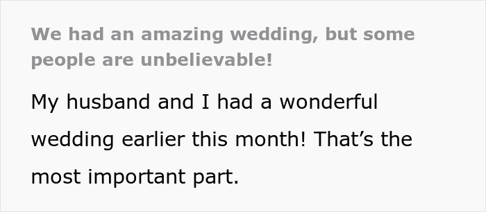 Text excerpt about a wedding experience, highlighting an uninvited guest disrupting the wedding night sleepover.