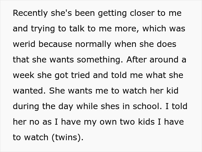Text excerpt explaining a stepmom setting boundaries after pregnant stepdaughter asks for childcare help with twins.