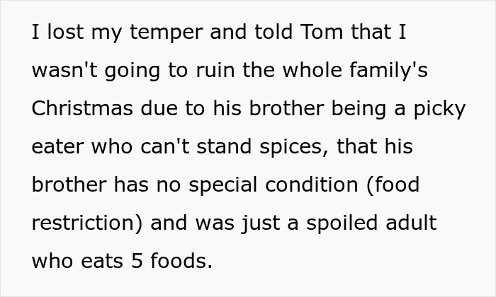 Text excerpt discussing a picky eater demanding changes to the Christmas menu, highlighting family conflict. Text excerpt discussing a picky eater demanding changes to the Christmas menu, highlighting family conflict.