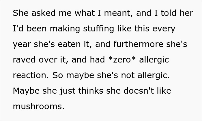 Text excerpt about a woman questioning her sister-in-law's food allergy after no allergic reaction last year.