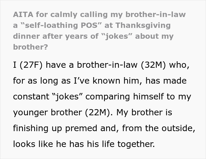 Woman confronting brother-in-law tearing down her brother during Thanksgiving dinner, finally clapping back firmly. Woman confronting brother-in-law tearing down her brother during Thanksgiving dinner, finally clapping back firmly.