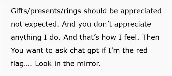 Text on a white background discussing appreciation for gifts and rings, related to engagement ring drama and relationship expectations.