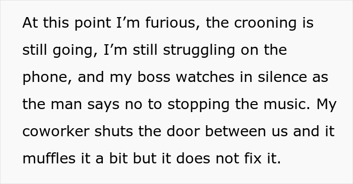 Office scene where man refuses to stop blasting Christmas music, causing coworker to lose patience and quit in rage.