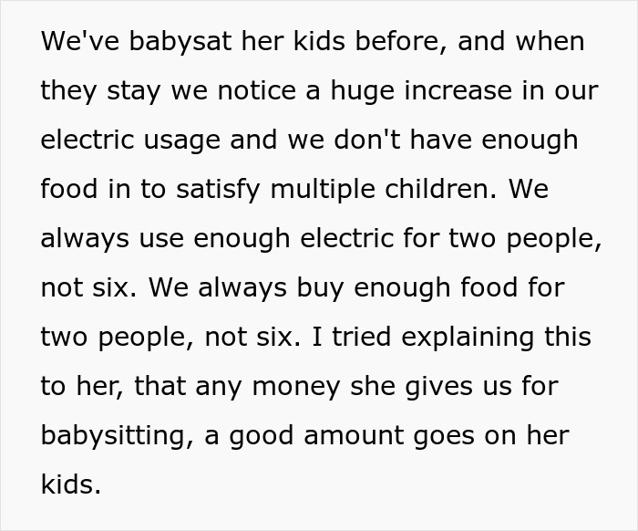 Text discussing babysitting costs and family issues about babysitting four kids and using the family card. Text discussing babysitting costs and family issues about babysitting four kids and using the family card.