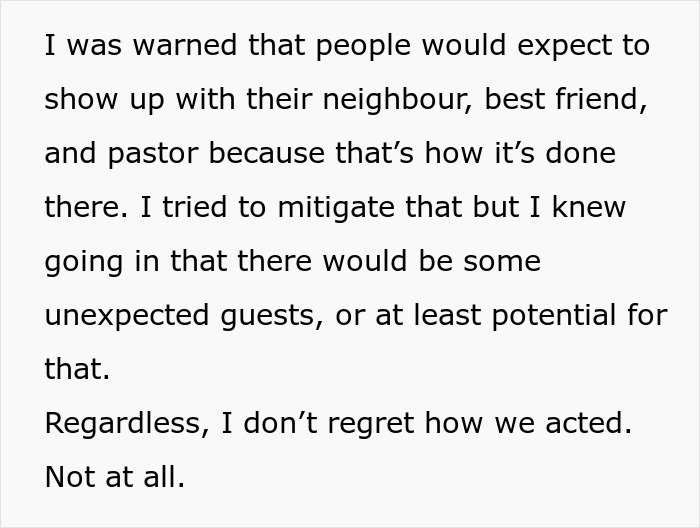 Text excerpt showing a warning about unexpected guests at a wedding and a firm stance on handling the uninvited guest situation.