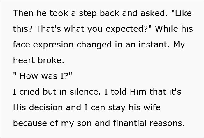 Text passage showing a woman sharing how her marriage fell apart within weeks after her husband ruined their wedding. Text passage showing a woman sharing how her marriage fell apart within weeks after her husband ruined their wedding.