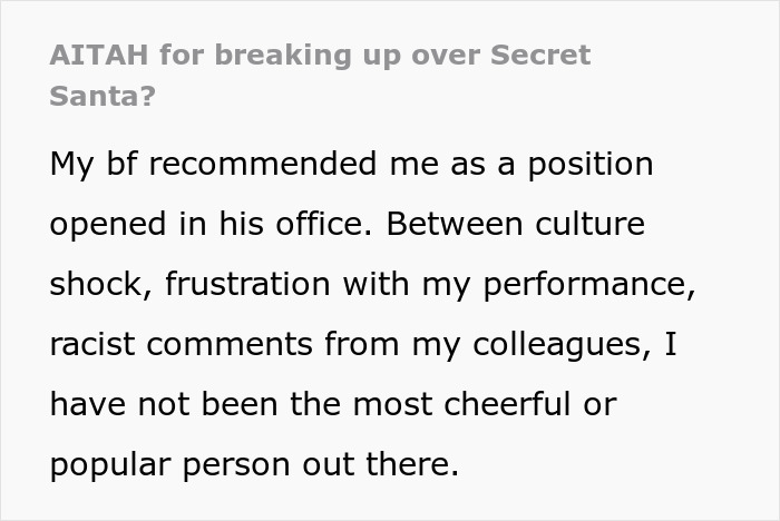 Screenshot of text post about Secret Santa, racist gift revelation and girlfriend horrified after boyfriend's idea. Screenshot of text post about Secret Santa, racist gift revelation and girlfriend horrified after boyfriend's idea.