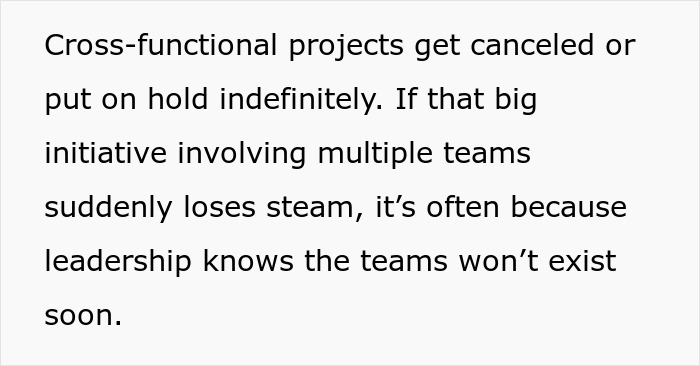 Text explaining cross-functional projects canceled or delayed, highlighting subtle red flags that mean job security is at risk.