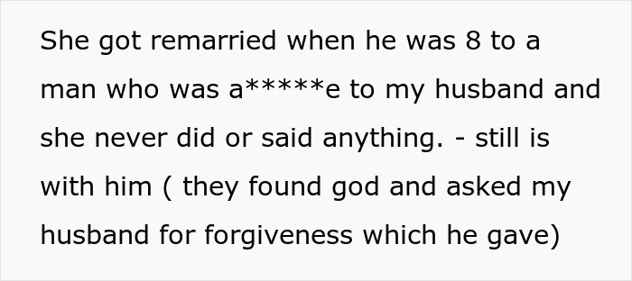 Alt text: Text describing a wife's frustration with her husband not standing up to his mother using their faith and forgiveness.