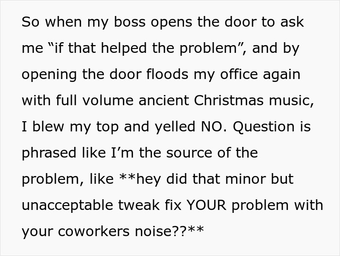 Alt text: Frustrated coworker yells as man refuses to stop blasting Christmas music in the office, causing tension and rage quitting.
