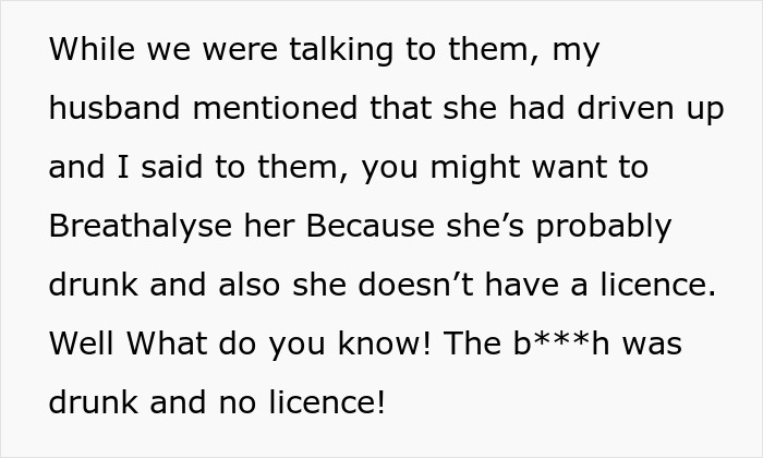 Text excerpt discussing a woman mentioning her husband suggesting a breathalyzer test due to suspected drunk driving and no license.
