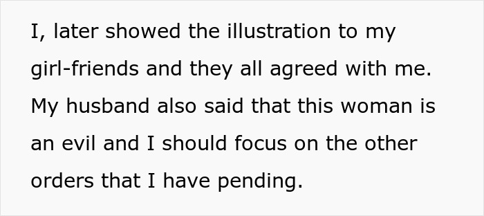 Text about MIL’s plan to make bride look ugly in wedding illustration and reactions from friends and husband.