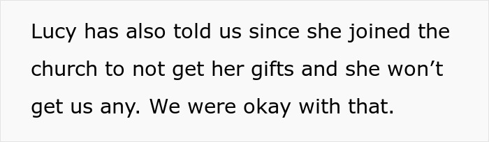 Text excerpt from a Jehovah's Witness mom explaining her decision about not receiving birthday gifts after joining the church.