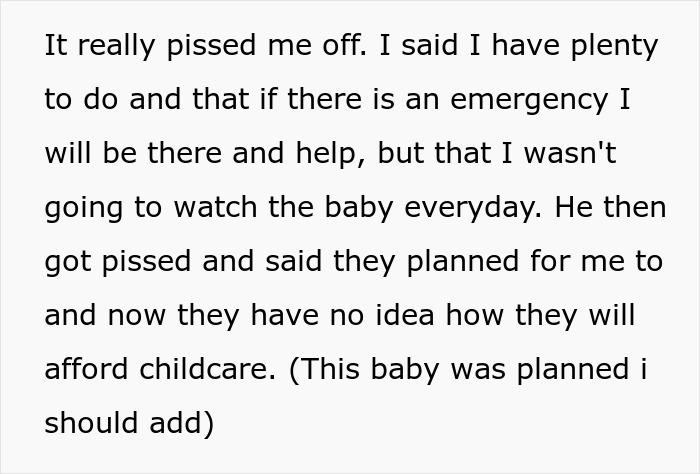 Text excerpt expressing frustration over babysitting expectations and childcare affordability from aunt&rsquo;s perspective.