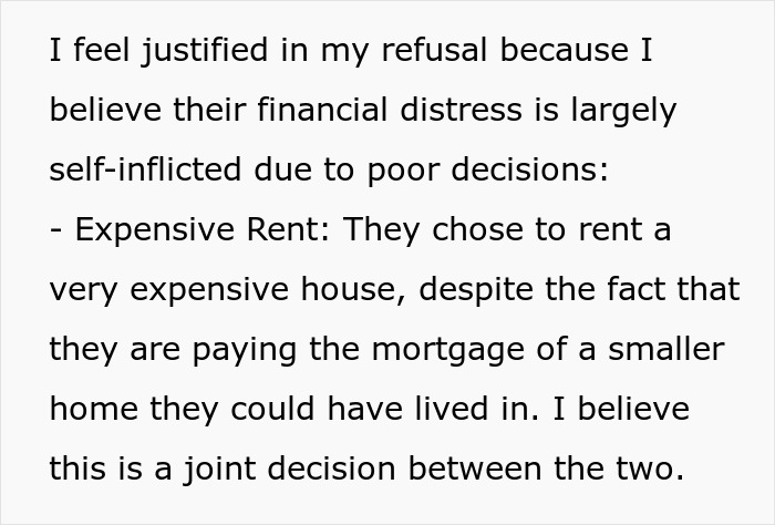Screenshot of paragraph about brother money wife family, refusing financial help due to expensive rent and poor decisions. Screenshot of paragraph about brother money wife family, refusing financial help due to expensive rent and poor decisions.