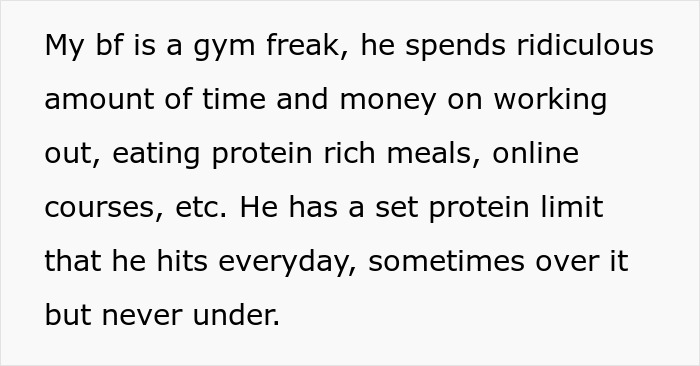 Text about a gym freak boyfriend focused on protein intake and working out, describing his strict protein limit. Text about a gym freak boyfriend focused on protein intake and working out, describing his strict protein limit.