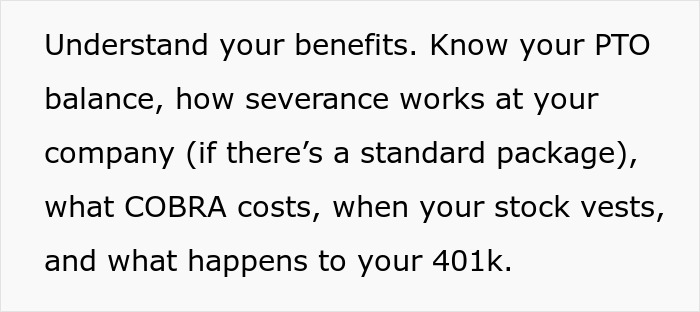 Text explaining employee benefits, PTO, severance, COBRA costs, stock vesting, and 401k related to job safety red flags.