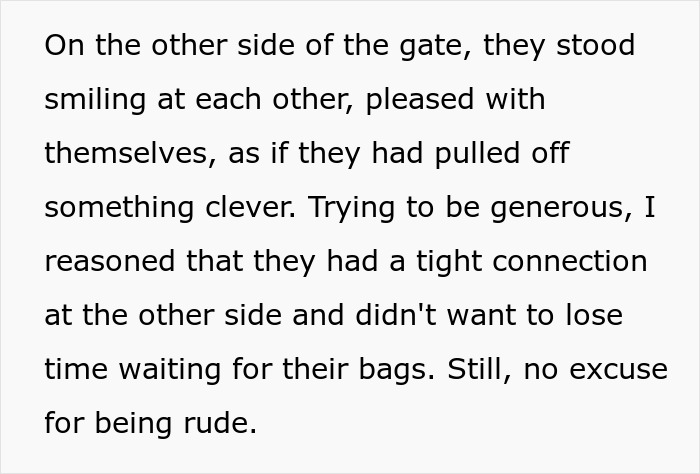 Text excerpt about an entitled British woman turning hostile over luggage policy, upsetting an airline worker. Text excerpt about an entitled British woman turning hostile over luggage policy, upsetting an airline worker.