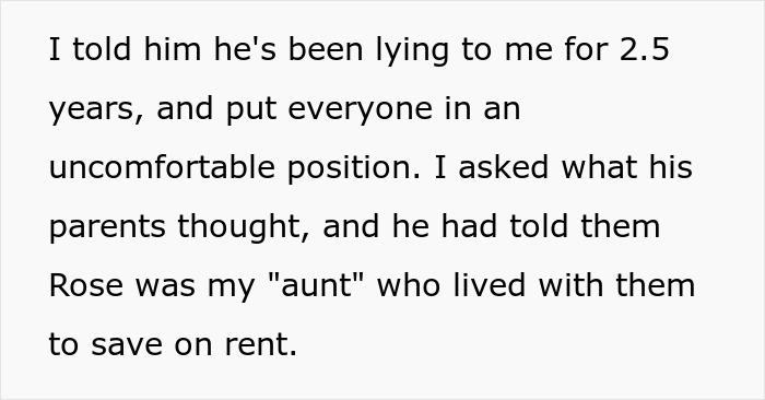 Text excerpt highlighting a woman confronting fiancé’s long-term lie about her family during a holiday dinner.