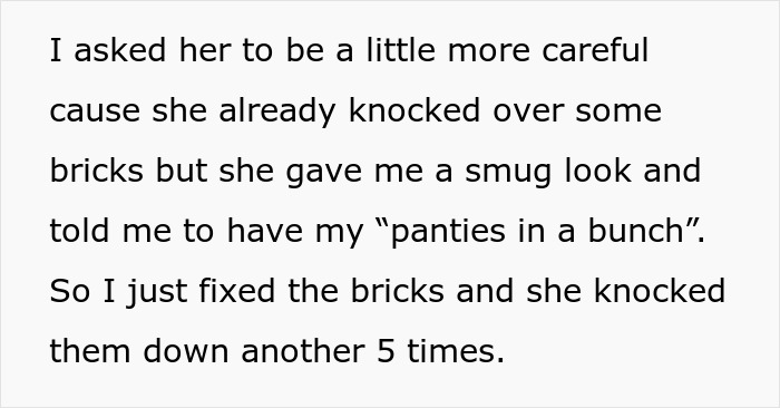 Text describing a neighbor repeatedly driving over yard bricks and ignoring requests to be careful, causing damage.