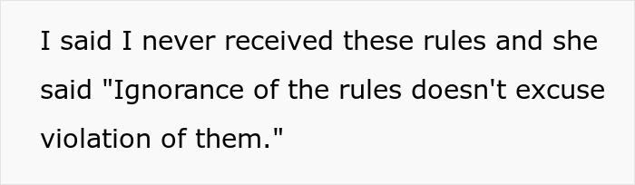 Text from a woman explaining she never received HOA rules and was told ignorance of rules is not an excuse for violation.