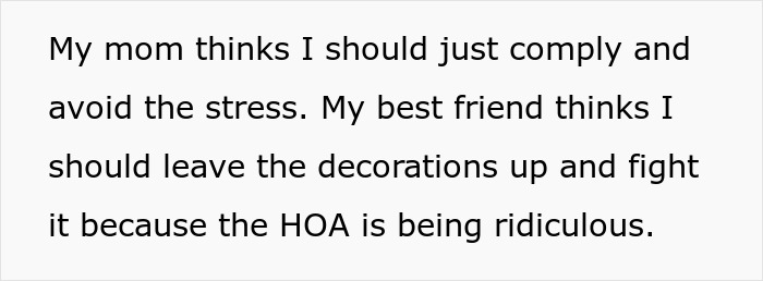 Text excerpt about a woman debating whether to comply or fight her HOA over Christmas decorations and fines.